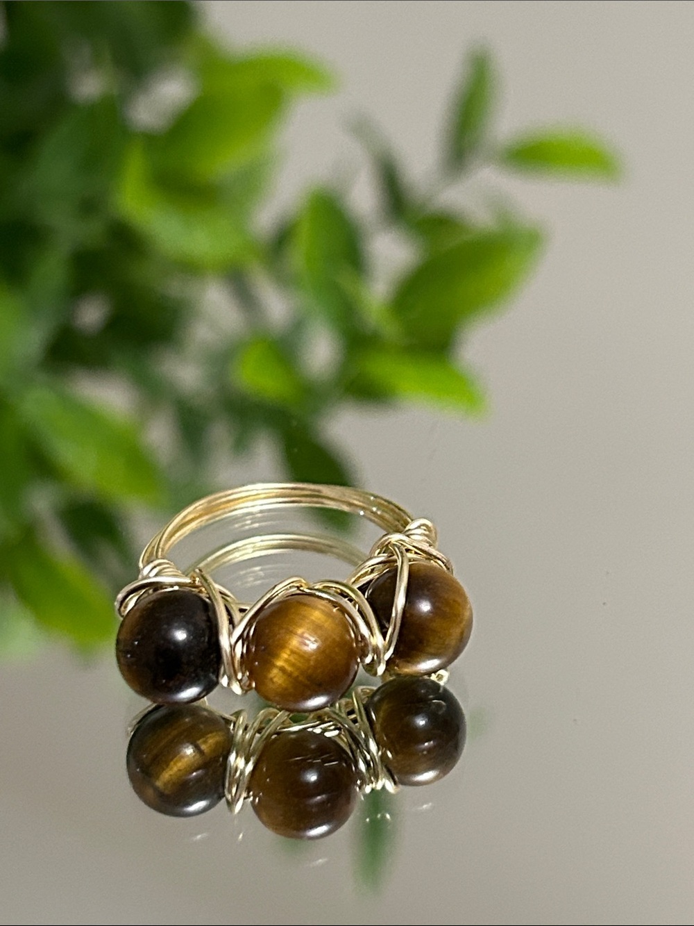 Handcrafted Tiger's Eye Bead Wire-Wrap Ring - Gold Tone